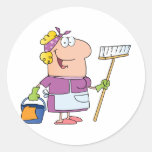 Cartoon Cleaning Lady Round Sticker