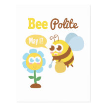 Cartoon: Cute bee collecting nectar from flower Postcard