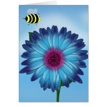 Cartoon Honey Bees Meeting on Blue Flower Greeting Card
