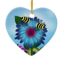 Cartoon Honey Bees Meeting on Blue Flower