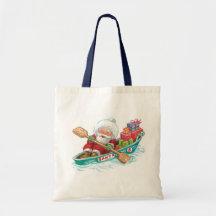 Cartoon Jolly Santa Claus, Row Boat with Presents Bag