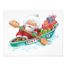 Cartoon Jolly Santa Claus, Row Boat with Presents Custom Announcements