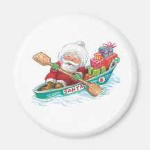 Cartoon Jolly Santa Claus, Row Boat with Presents Magnet