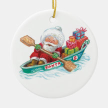 Cartoon Jolly Santa Claus, Row Boat with Presents Christmas Tree Ornament