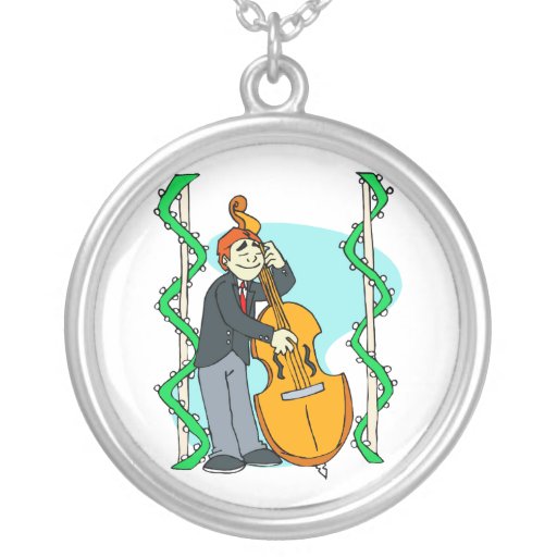 Cartoon man playing upright bass by backdrop necklace