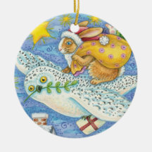 Cartoon Rabbit as Santa Claus and Owl as Sleigh Ornaments