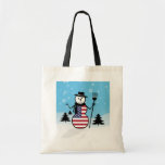 Cartoon Snowman in Field of Snow in US Flag Tote Bag