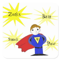 Cartoon Super Hero with Action Words Square Stickers