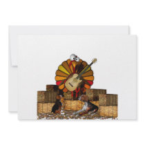 Cartoon turkey on hay with guitar and beagles