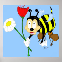 Cartoon Worker Bee and Flowers Poster Print
