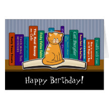 Cat and Books Birthday Card