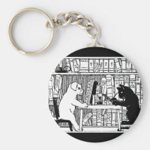 Cat and Dog in the Library Keychains