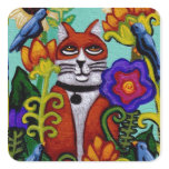 Cat and Four Birds Square Stickers