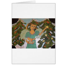 Cat angel decorating tree greeting card