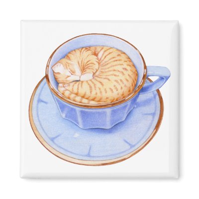 Cat in Coffee Fridge Magnets by floatinglemons