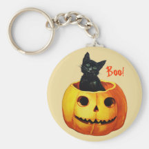 Cat in Pumpkin Vintage Halloween Keychain