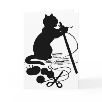 Cat Knitting Silhouette Black/White Greeting Card by kimmyklassickorner