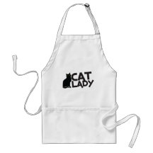 cat lady with slinky black cat yellow eyes apron