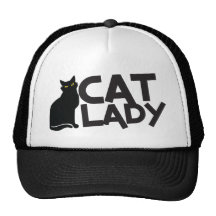 cat lady with slinky black cat yellow eyes trucker hats