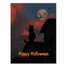 Cat on the roof with a full moon Halloween Post Card