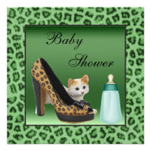 Cat, Shoe & Bottle Green Fur Texture Baby Shower Personalized Announcements
