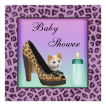 Cat, Shoe & Bottle Purple Fur Texture Baby Shower Custom Invites