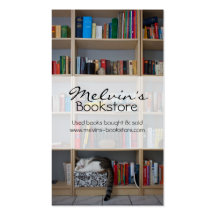 Cat sleeping in bookshelf library books business card