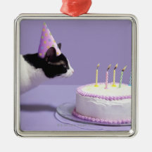 Cat wearing birthday hat blowing out candles on christmas ornaments
