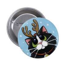Cat Wearing Reindeer Antlers - Xmas Cat Art Button