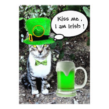 CAT WITH GREEN IRISH BEER ST PATRICK'S DAY PARTY PERSONALIZED ANNOUNCEMENT