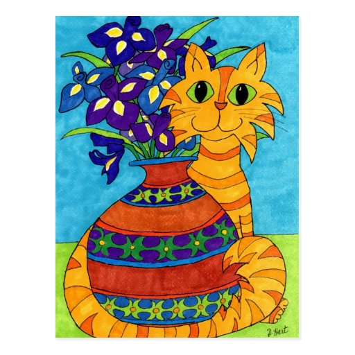 Cat with Irises in Talavera Vase Postcard