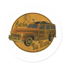 catchin' big waves in the woodie round sticker