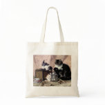cats kittens playing tea party antique painting canvas bag
