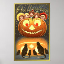 Cats Watching Kids and Pumpkin VIntage Halloween ( Print