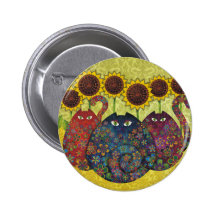 cats with sunflowers pinback button