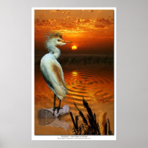 Cattle Egret & Sunset Wildlife Art Poster