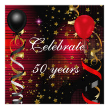 Celebrate 50 50th Birthday Party Black Red Stars Personalised Invite