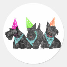 Celebration Scotties in Party Hats Round Stickers