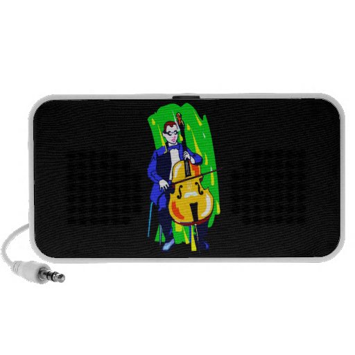 Cello Bass Orchestra Player Blue Suit Seated Laptop Speaker