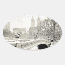 Central Park Winter - Snow on Bow Bridge Oval Stickers