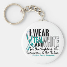 CERVICAL CANCER Teal White For Fighters Survivors Keychain