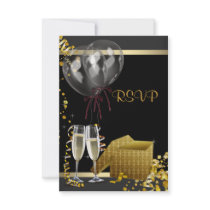 Champagne Confetti Black Gold Surprise Party RSVP Personalised Invite