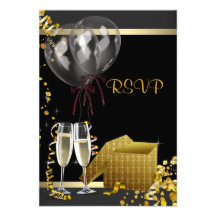 Champagne Confetti Black Gold Surprise Party RSVP Personalised Invite