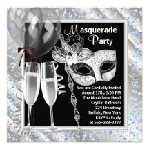 Champagne Confetti Silver Black Masquerade Party Personalized Announcements