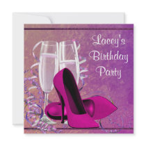 Champagne High Heel Womans Hot Pink Birthday Party Announcements