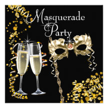 Champagne Mask Black Gold Masquerade Party Custom Invitations
