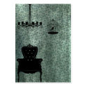Chandelier, chair, and Birdcage business cards