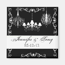 Chandeliers Black and White Names and Date Magnet