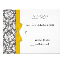 Charcoal Damask Yellow Bow Wedding Response Card Personalized Invitation
