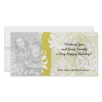 Chartreuse green and white chic damask customised photo card